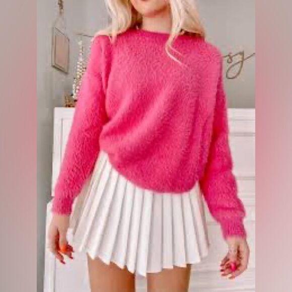 NWT Abound Fuzzy Knit Cropped Sweater Crewneck In Hot Pink Cyclamen Size Xs - Picture 2 of 10